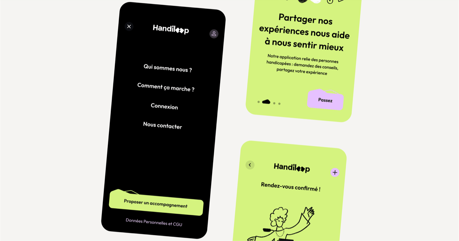 Onboarding, menu et confirmation de rendez-vous.