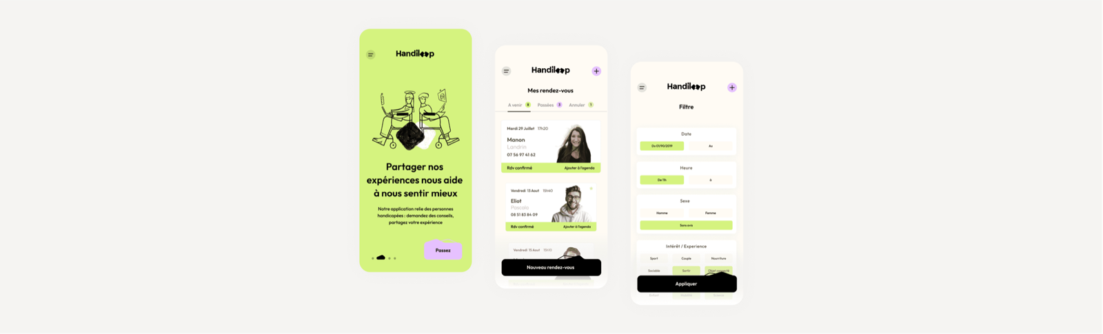 Parcours complet : accueil, mes rendez-vous et filtres de recherche.